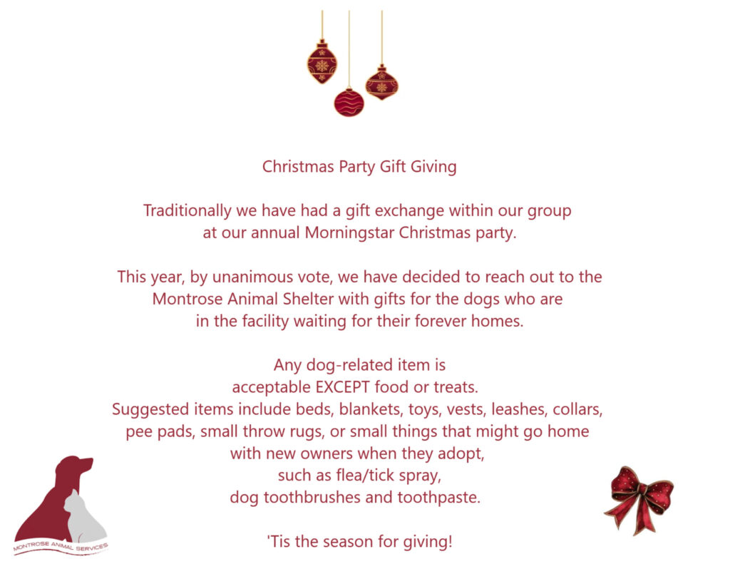 Christmas Gift Exchange Gifts for Montrose Shelter Dogs and Cats